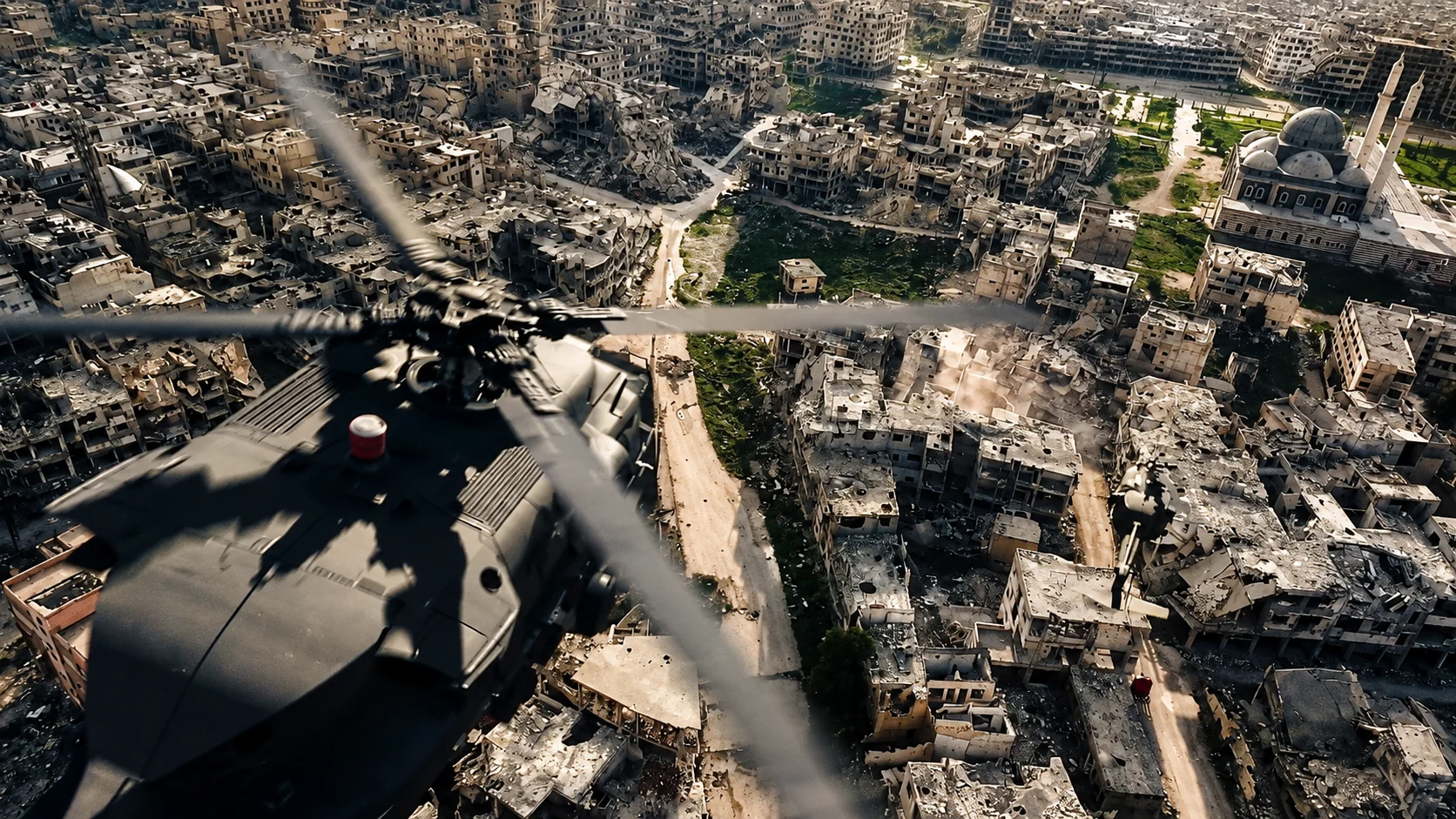 Aerial battle city VFX shot