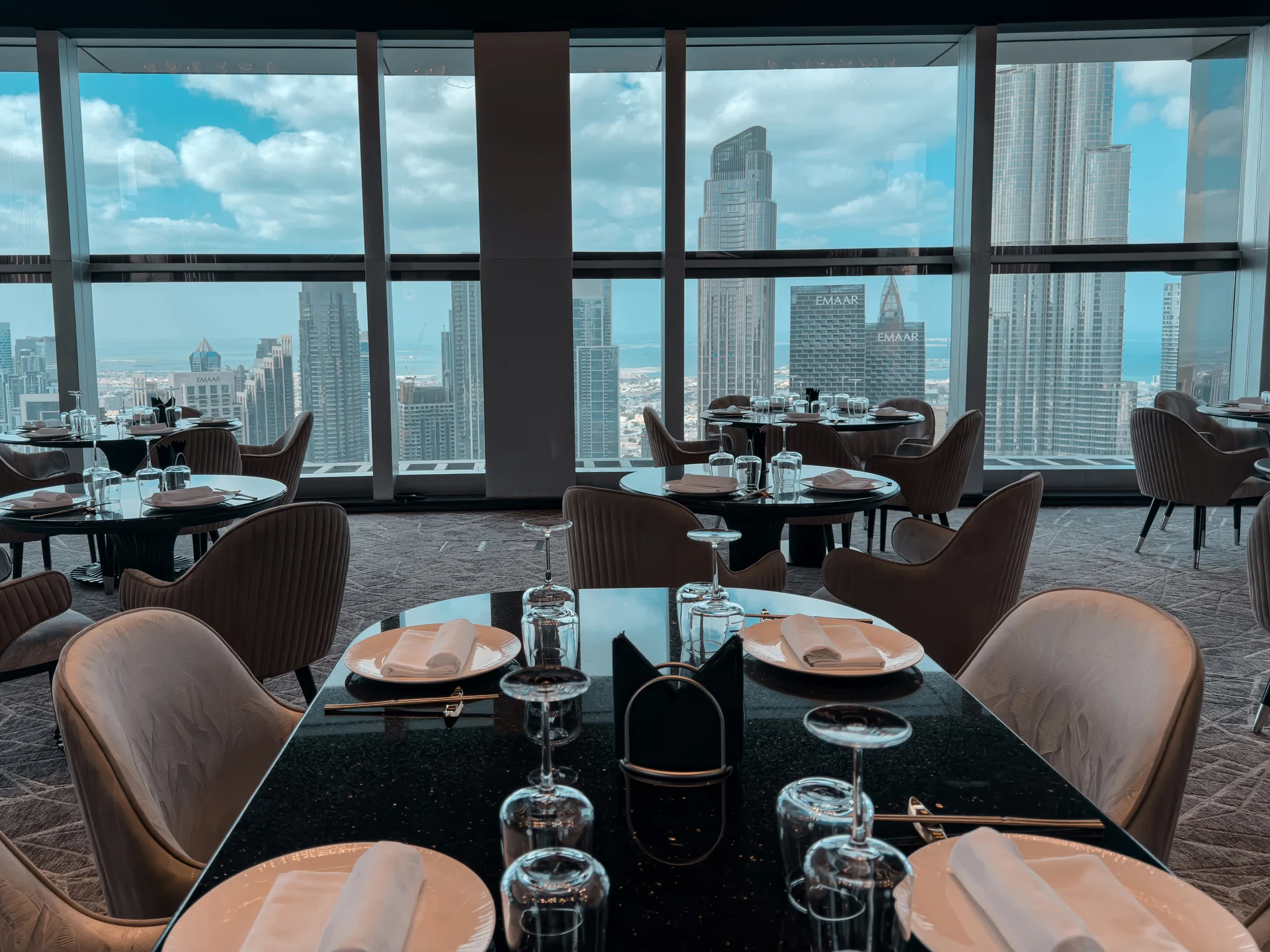 Set dining table overlooking Downtown Dubai from BIRDS.