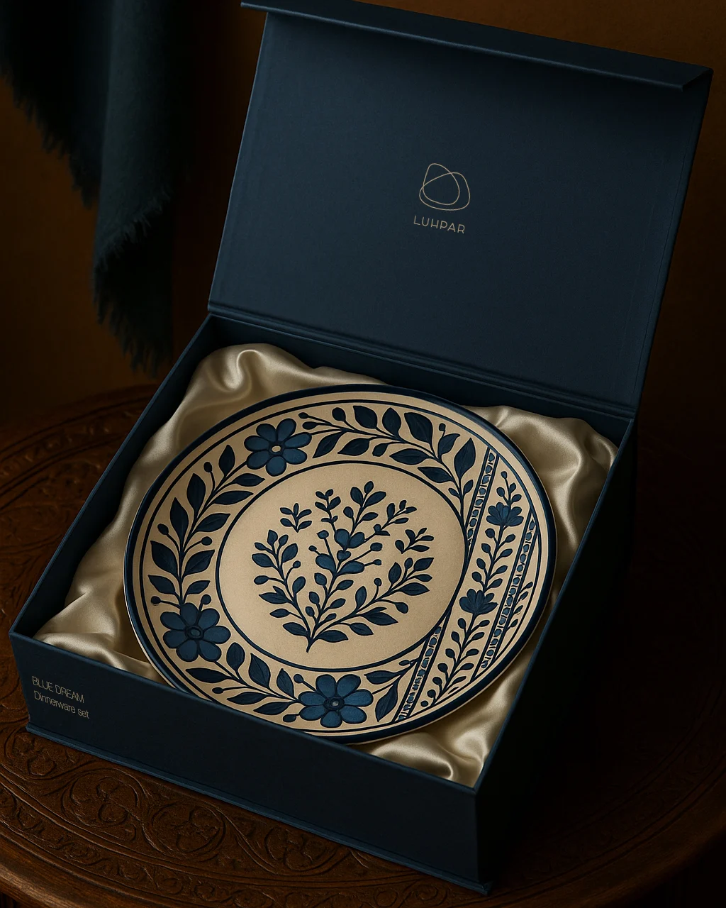 Luhpar Blue Dream dinnerware set in packaging.