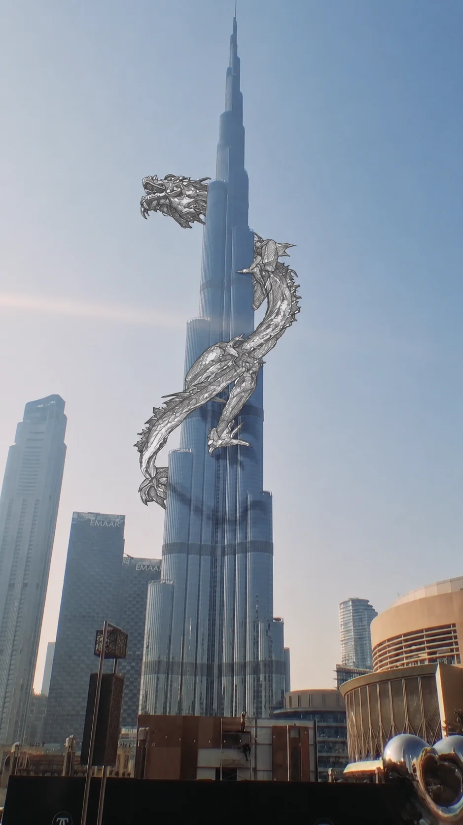 Silver CGI dragon wrapped around Burj Khalifa in Dubai.