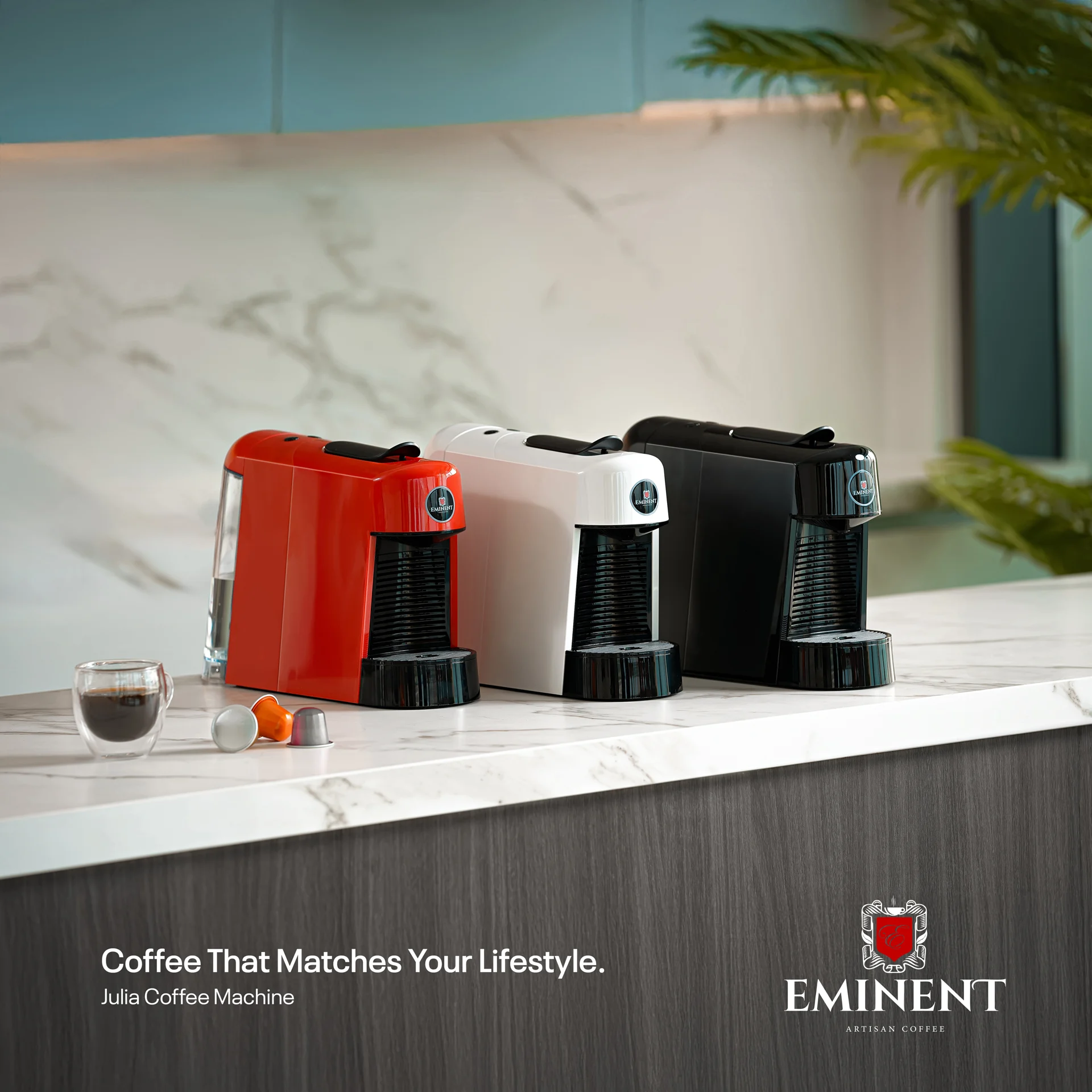 Three Eminent coffee machines in different colors.