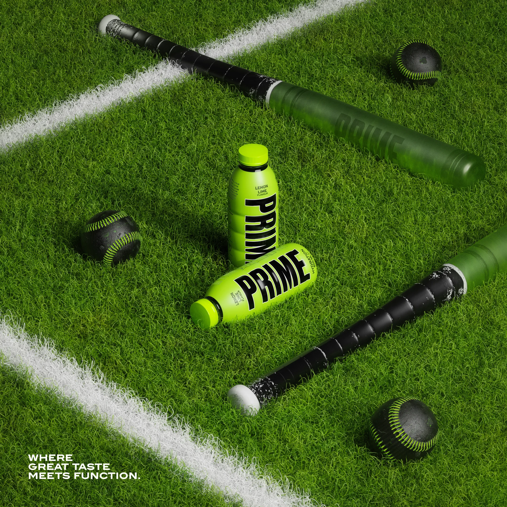Prime Drinks Lemon Lime bottles in a baseball-inspired 3D scene.