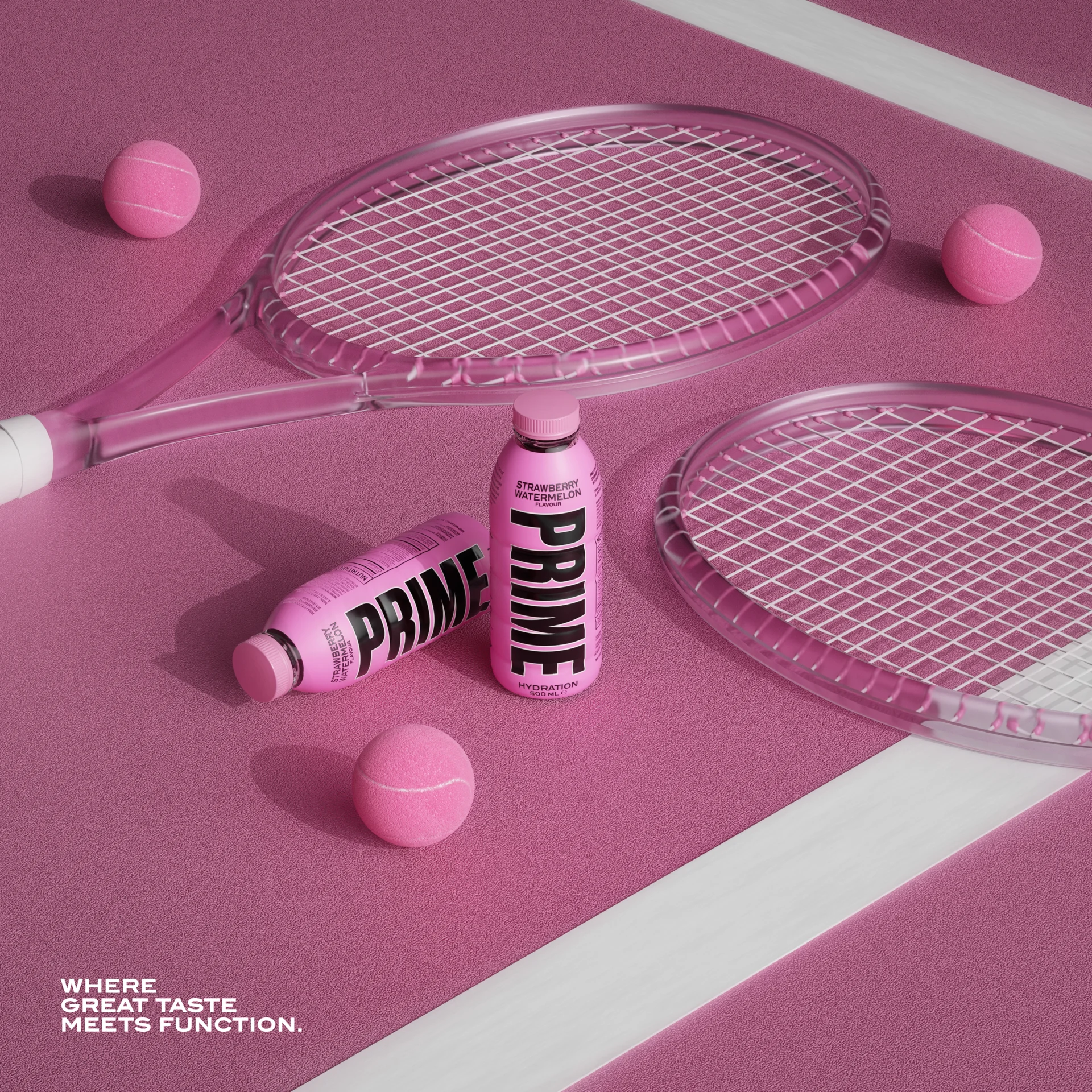 Prime Drinks Strawberry Watermelon bottles in a tennis-inspired 3D scene.